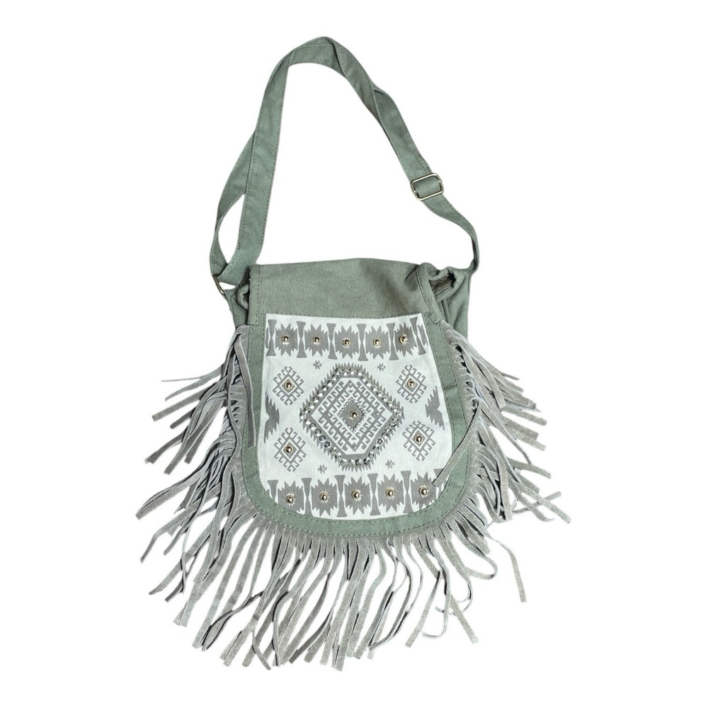 Sorpresa Boho Canvas Fringe Crossbody Bag Zip Closure Tribal Beaded Olive Green
